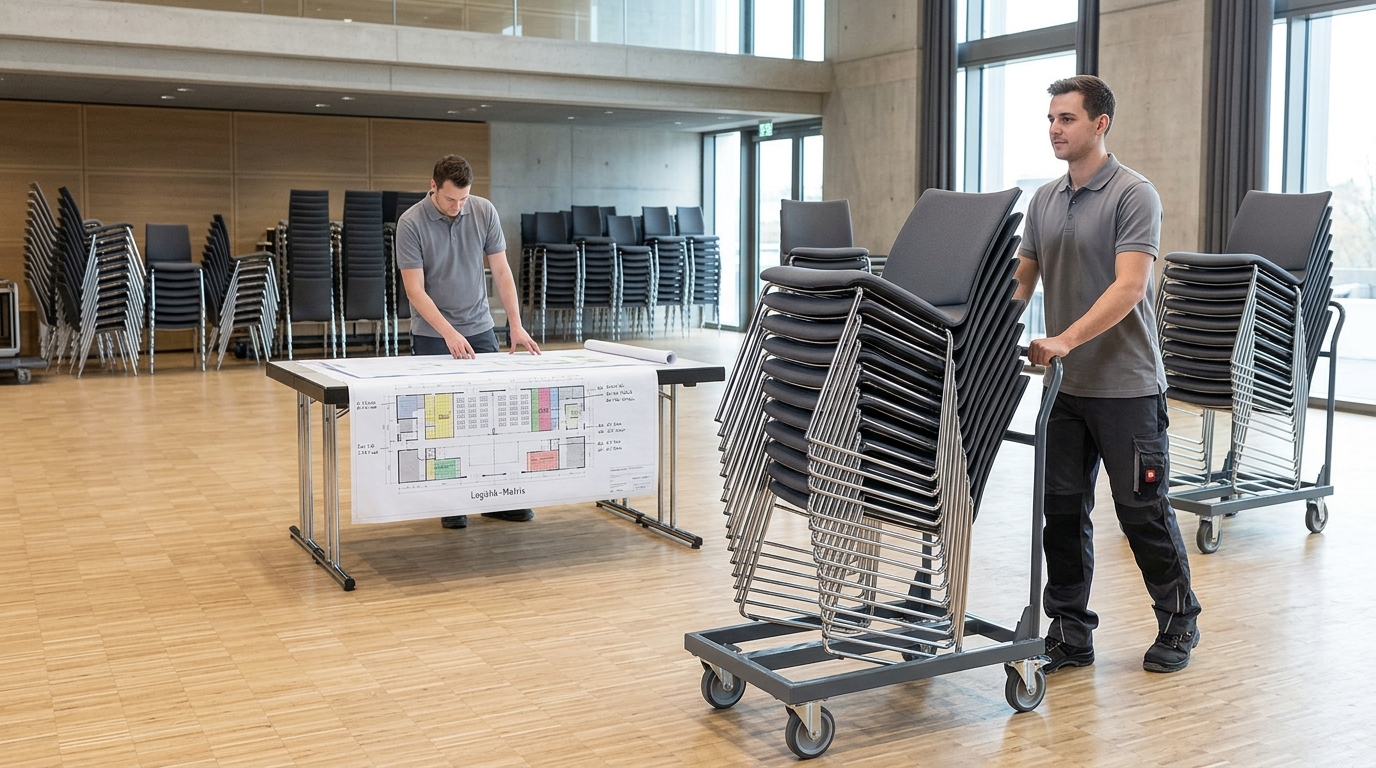 Redaktionelles Titelbild zum Beitrag: Eventlogistik-Matrix: Effizienzsteigerung bei mobilen Stapelstuhl-Beständen