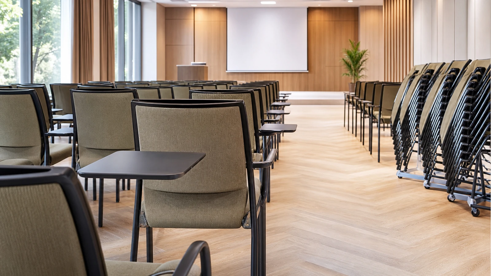 Professionelles redaktionelles Titelbild zum Beitrag: Seminarbestuhlung mit Stapelstühlen: Schreibhaltung, Reihenmaß und Umbaugeschwindigkeit